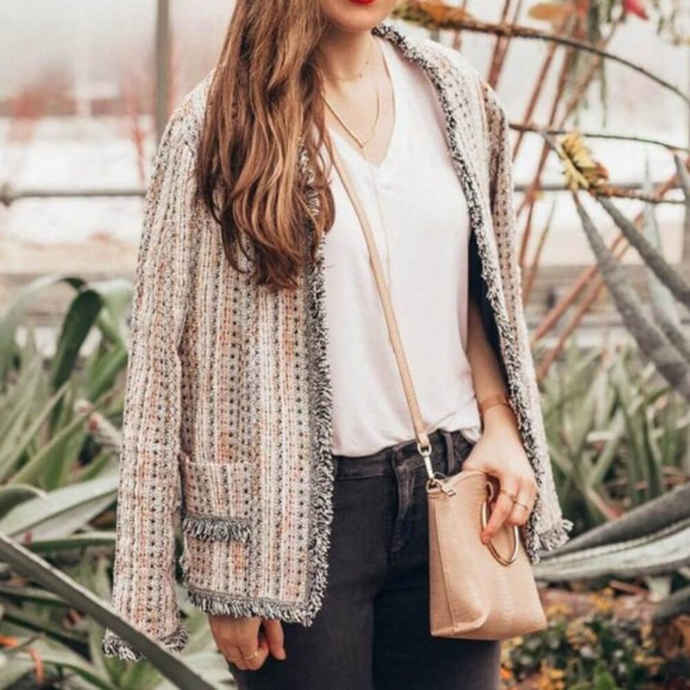 Anthropologie Eva Franco Reston Tweed Blazer Jacket Small Fringe Trim Open Front